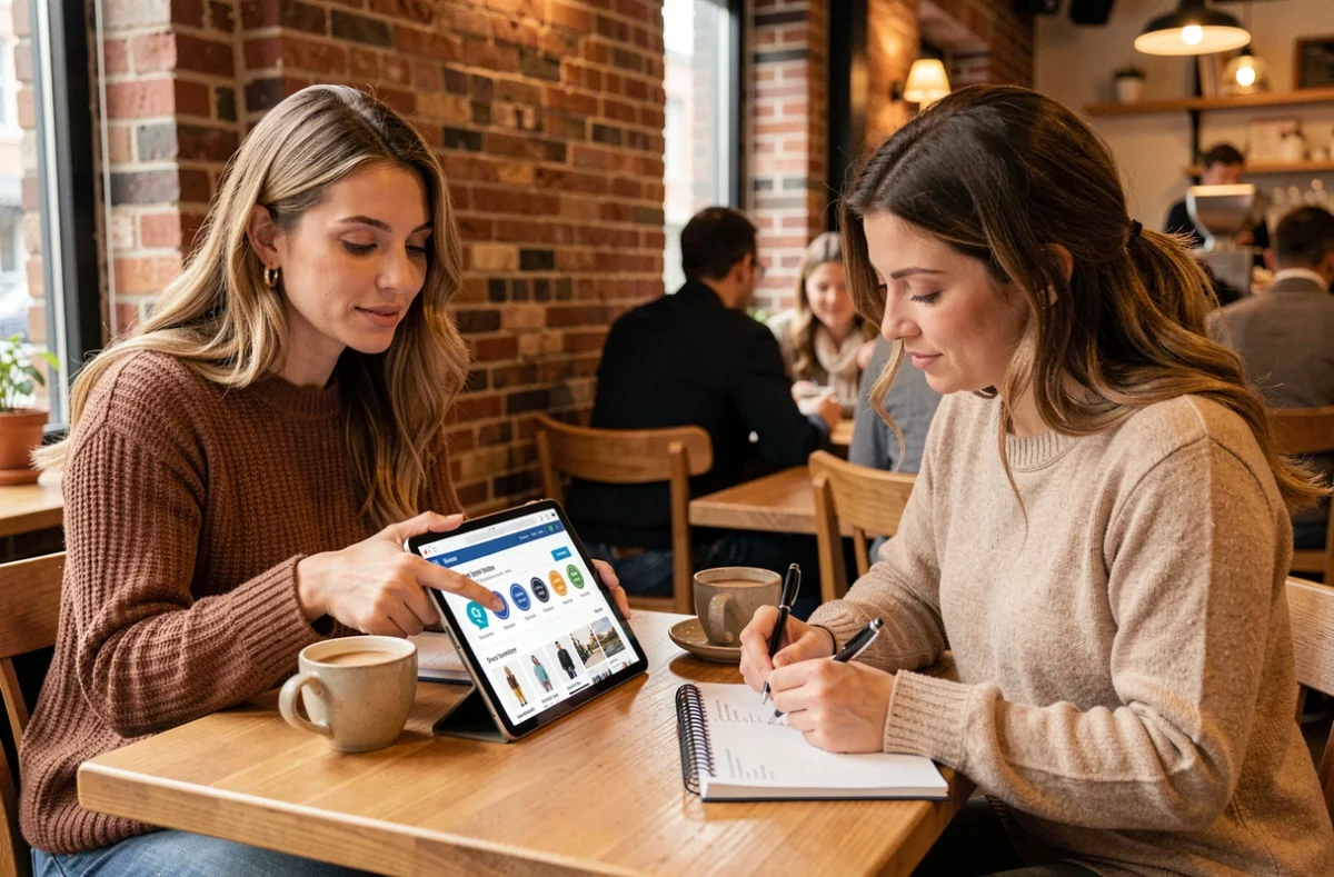Deux femmes consultant un guide d'achat sécurisé sur Hacoo dans un café en 2026