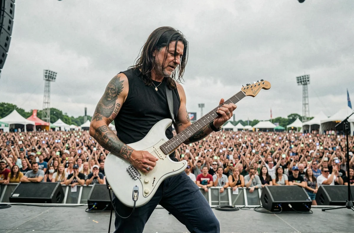 Guitariste rock sur scène lors d'un grand festival en plein air devant une foule immense sous un ciel couvert