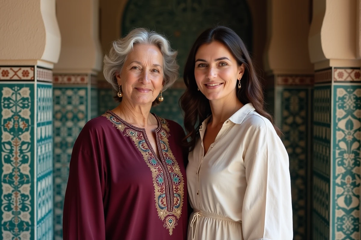 Deux femmes de générations différentes devant un mur de zellige marocain, symbolisant la transmission des origines et du patrimoine culturel familial