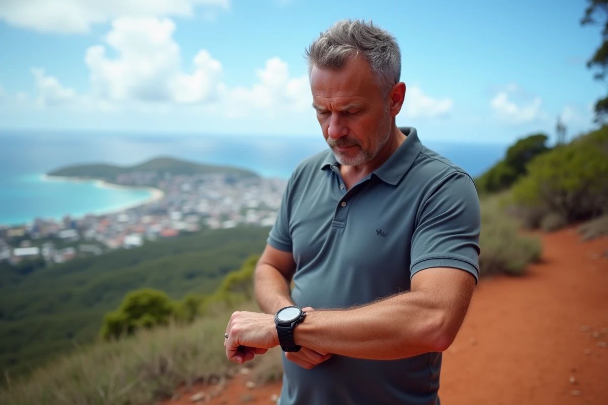 Homme vérifiant l'heure sur sa montre avec vue panoramique sur la baie de Nouméa en Nouvelle-Calédonie