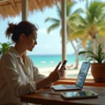 Femme consultant l'heure sur son téléphone avec vue sur lagon de Nouvelle-Calédonie, illustrant le décalage horaire
