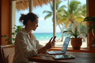 Femme consultant l'heure sur son téléphone avec vue sur lagon de Nouvelle-Calédonie, illustrant le décalage horaire