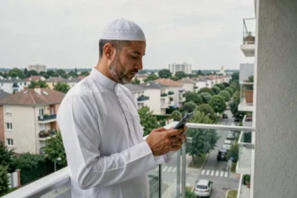 Homme musulman consultant les heures de prière sur smartphone depuis un balcon à Bondy