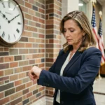 Femme consultant sa montre devant une grande horloge dans un bâtiment gouvernemental de Washington D.C. lors de l'élection présidentielle américaine 2026