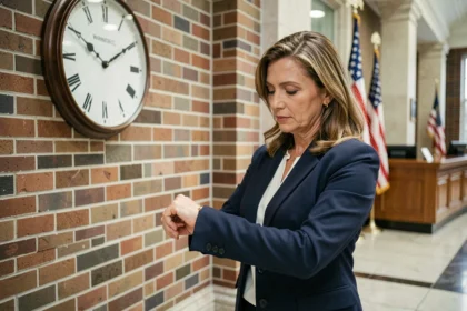 Femme consultant sa montre devant une grande horloge dans un bâtiment gouvernemental de Washington D.C. lors de l'élection présidentielle américaine 2026