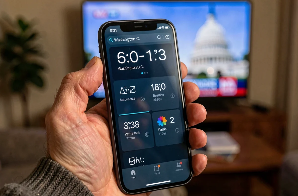 Gros plan sur un smartphone affichant l'heure de Washington D.C. et Paris lors de la soirée électorale présidentielle américaine 2026
