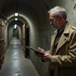 Historien homme examine une plaque en acier rouillée dans un bunker