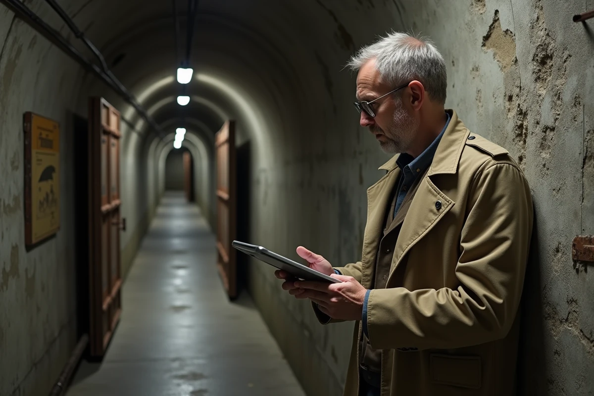 Historien homme examine une plaque en acier rouillée dans un bunker