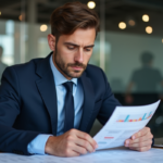 Homme d'affaires français en costume regardant des rapports financiers