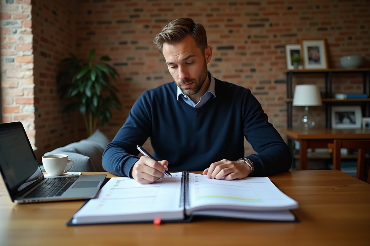 Homme consultant un agenda avec calendrier semaines paires impaires 2026 à la table familiale