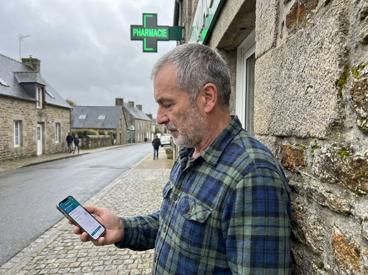 Homme consultant une application de rendez-vous médical sur smartphone devant une pharmacie en Bretagne