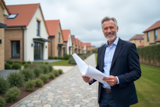 Homme confiant regardant plans architecturaux devant maison neuve