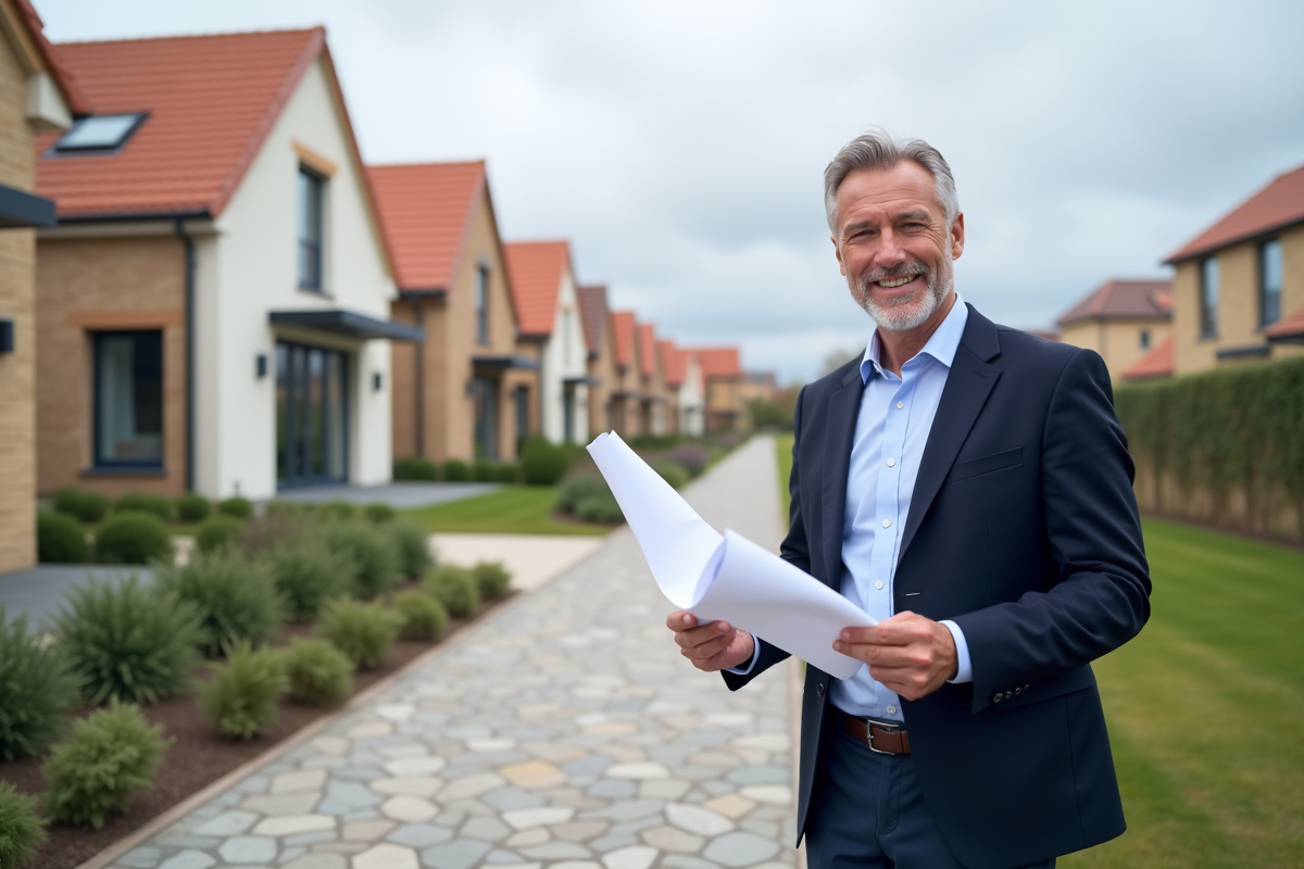 Homme confiant regardant plans architecturaux devant maison neuve