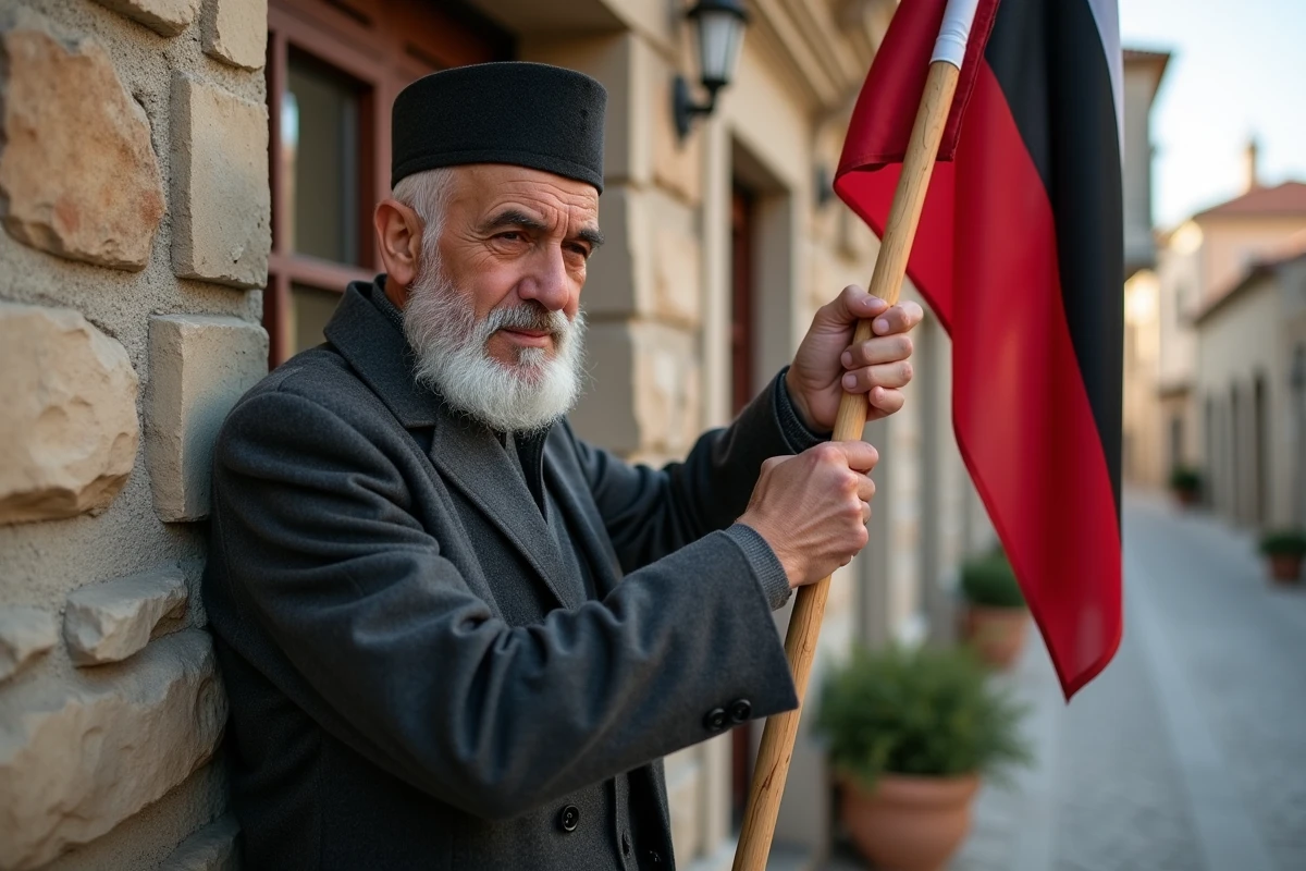 Homme âgé fixant un drapeau dans un quartier calme