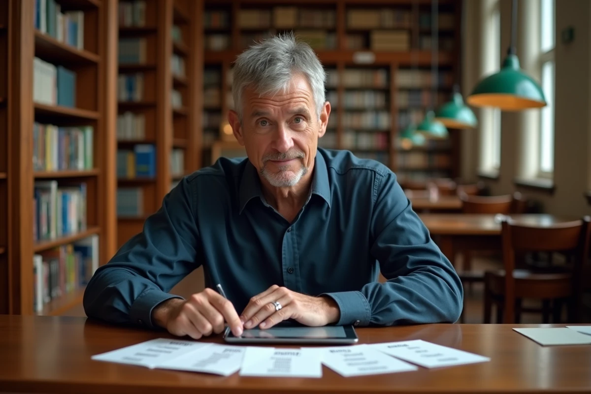 Homme adulte utilisant une tablette avec un solveur de mots dans une bibliothèque publique entourée de livres et de fiches de vocabulaire