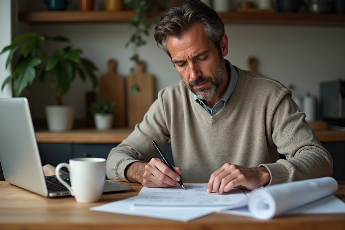 Homme faisant ses comptes avec tickets de caisse à la maison