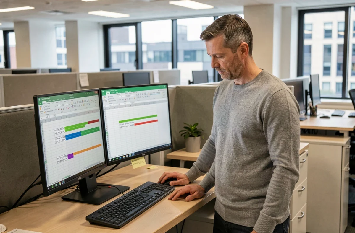 Homme travaillant sur Excel dans un bureau moderne pour calculer le nombre de jours entre deux dates