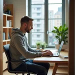 Homme en hoodie travaillant sur son ordinateur dans un bureau moderne