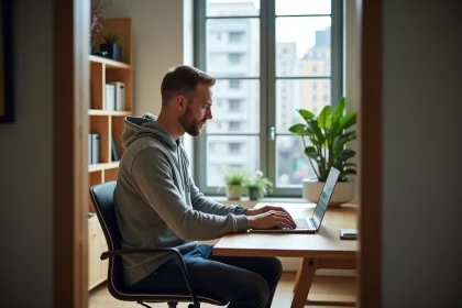 Homme en hoodie travaillant sur son ordinateur dans un bureau moderne