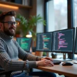Jeune homme au bureau avec écrans et gadgets tech