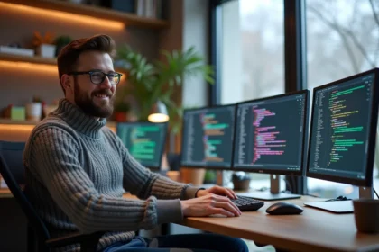 Jeune homme au bureau avec écrans et gadgets tech