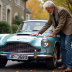 Homme d'âge moyen polissant une voiture ancienne française