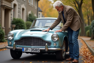 Homme d'âge moyen polissant une voiture ancienne française