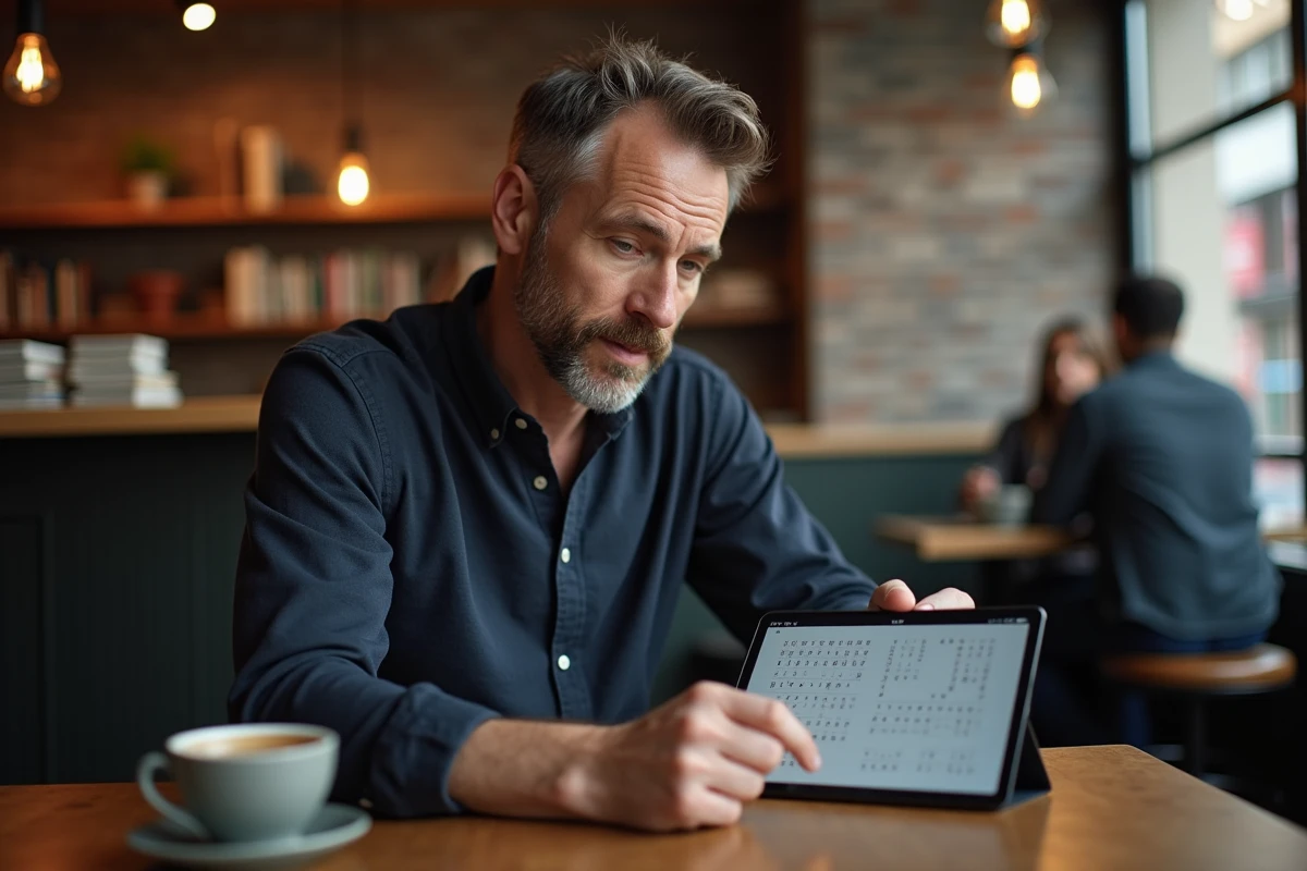 Homme jouant à Codycross sur tablette dans un café pour trouver le mot de passe quotidien