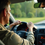 Homme d'âge moyen conduisant en campagne paisible