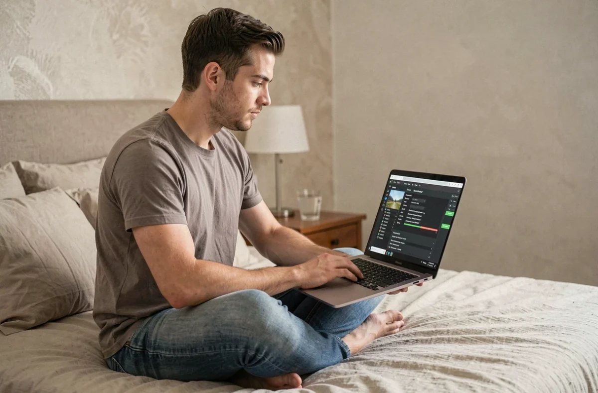Jeune homme configurant des mods et les paramètres de performance d'un jeu de simulation sur un pc portable posé sur ses genoux dans une chambre moderne