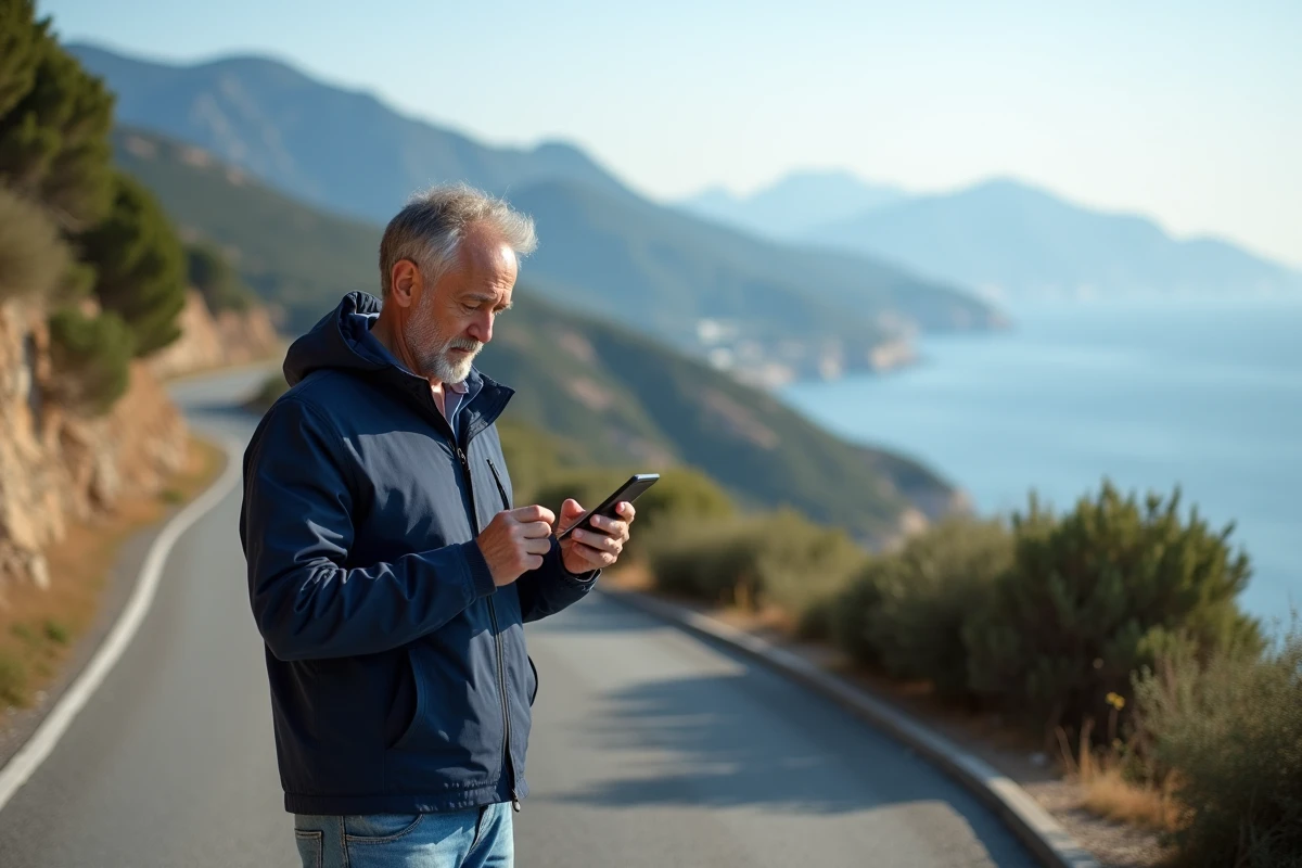 Homme corse vérifiant la carte sur la route côtière