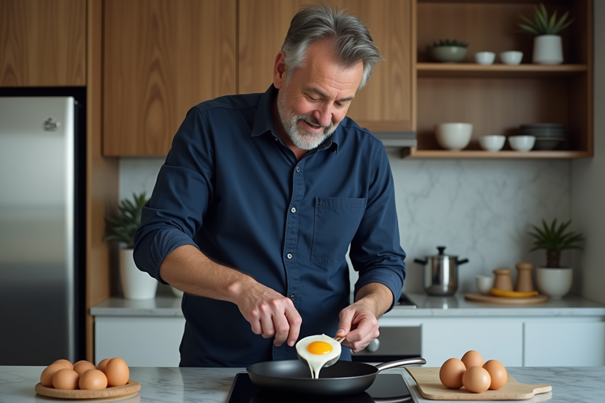 Homme en cuisine cassant un œuf dans une poêle moderne