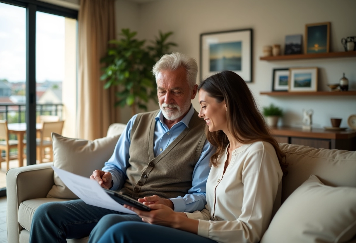 Homme et fille discutant dans un salon lumineux