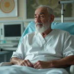 Homme iranien âgé dans une chambre d'hôpital serein