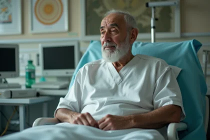 Homme iranien âgé dans une chambre d'hôpital serein