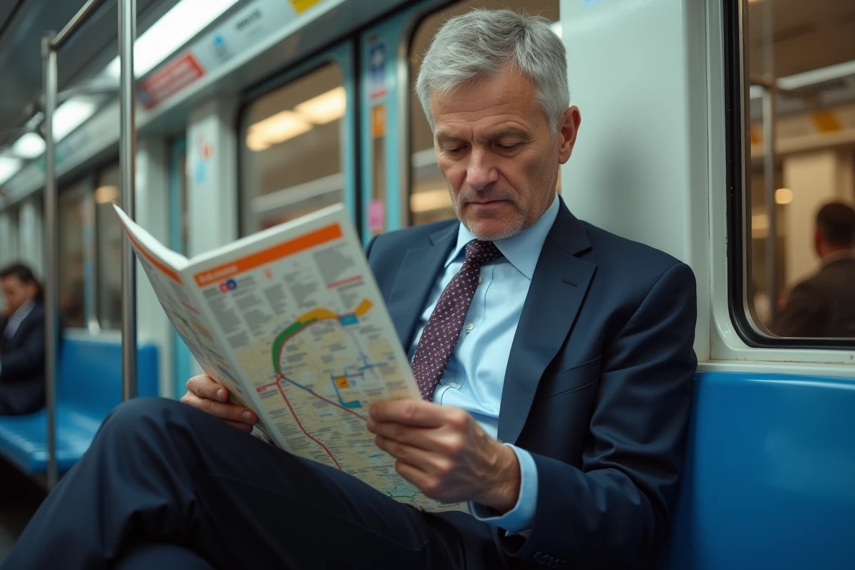 Homme d age moyen lisant une carte du metro dans un train