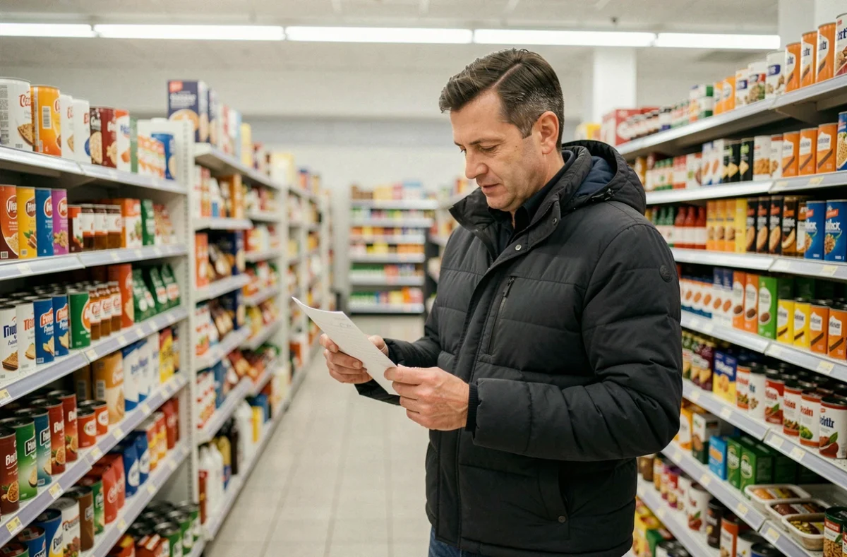 Homme consultant sa liste de courses dans un rayon de supermarché ouvert le jour de l'An, organisation sans stress