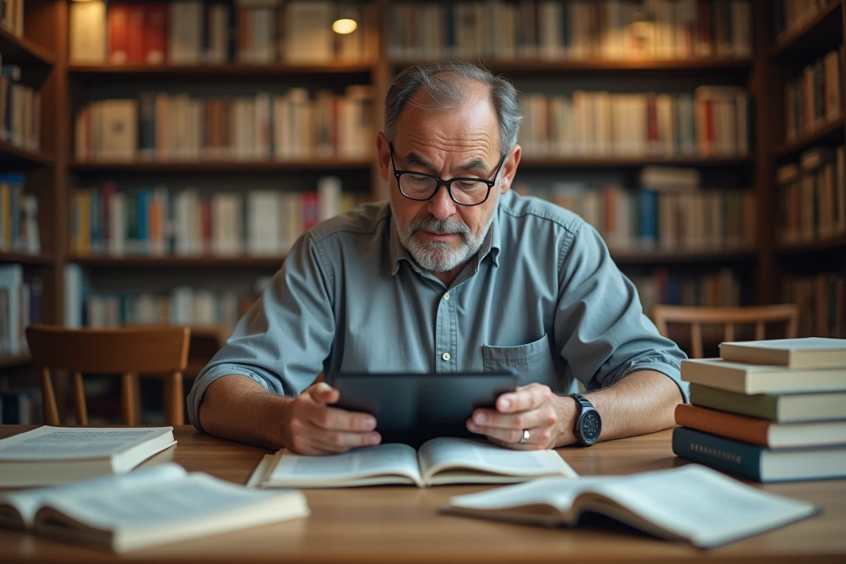 Homme français lisant manga dans une bibliothèque chaleureuse
