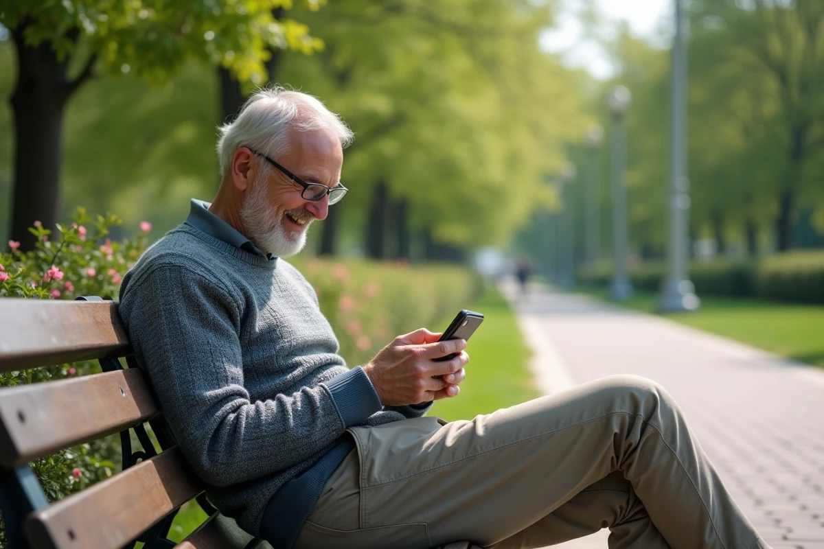 Homme assis sur un banc dans un parc jouant au Snake sur smartphone