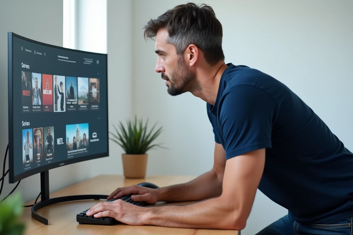 Homme utilisant un ordinateur de bureau pour rechercher des séries sur un site de streaming