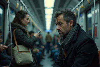 Homme observant une femme dans le métro bondé pendant les heures de pointe, regards et dynamiques sociales dans les transports en commun