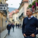 Homme en pull bleu dans une rue roumaine historique