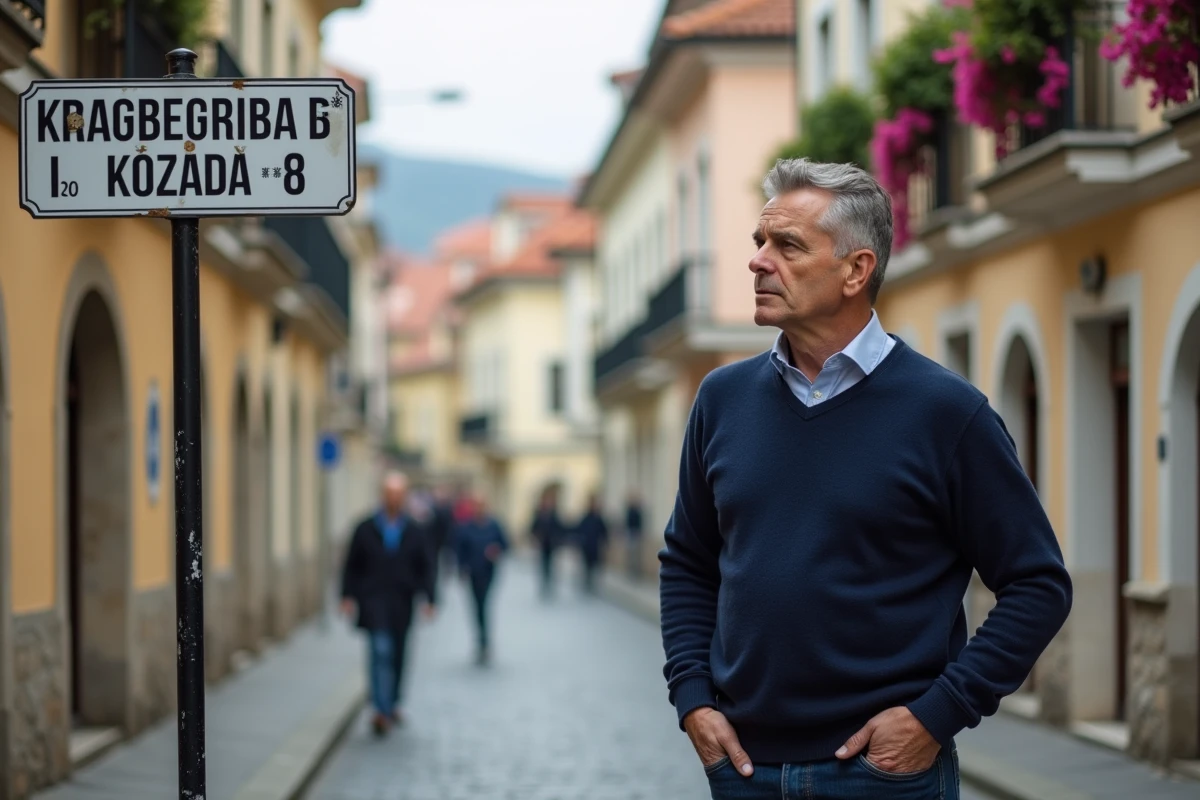 Homme en pull bleu dans une rue roumaine historique