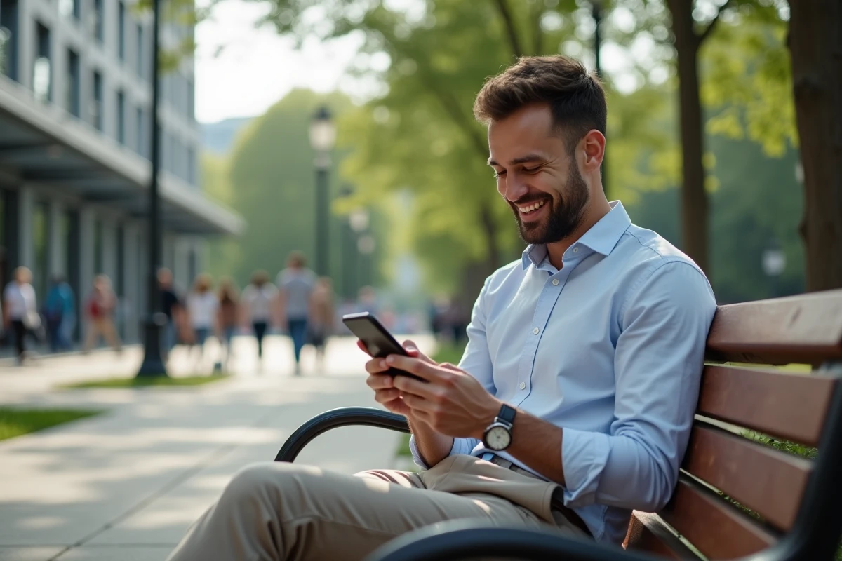 Homme vérifiant son application bancaire en plein air