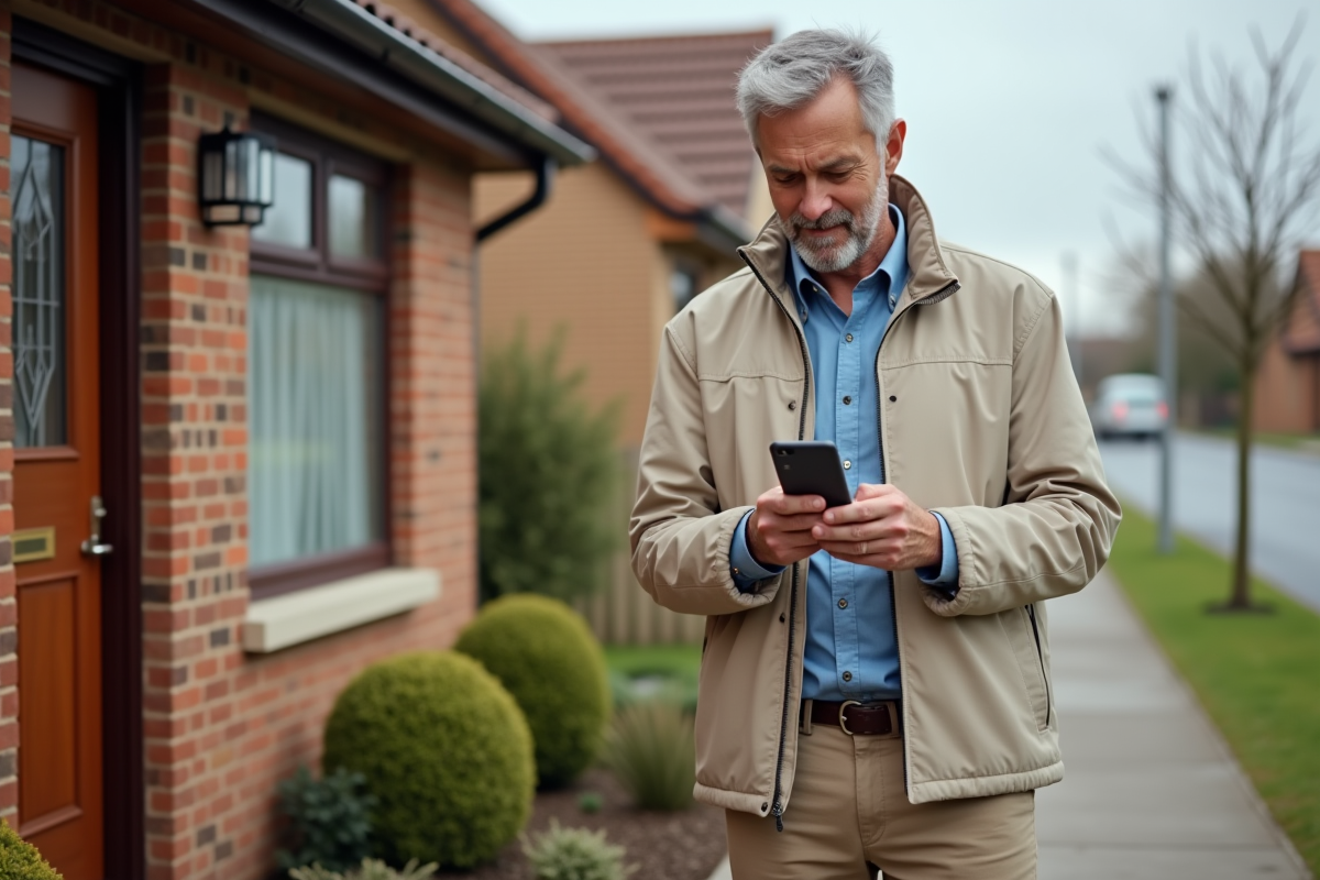Homme regardant son smartphone devant sa maison de banlieue