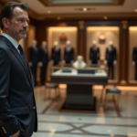 Homme en costume sombre dans une boutique de luxe abandonnée