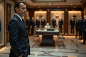 Homme en costume sombre dans une boutique de luxe abandonnée