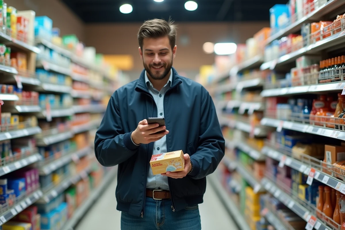 Homme en supermarché utilisant une application de bons de réduction pour économiser sur ses achats