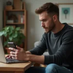 Homme au travail à domicile avec ordinateur et smartphone