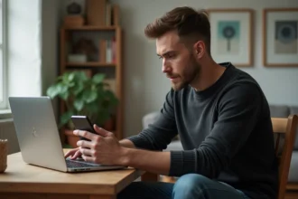 Homme au travail à domicile avec ordinateur et smartphone